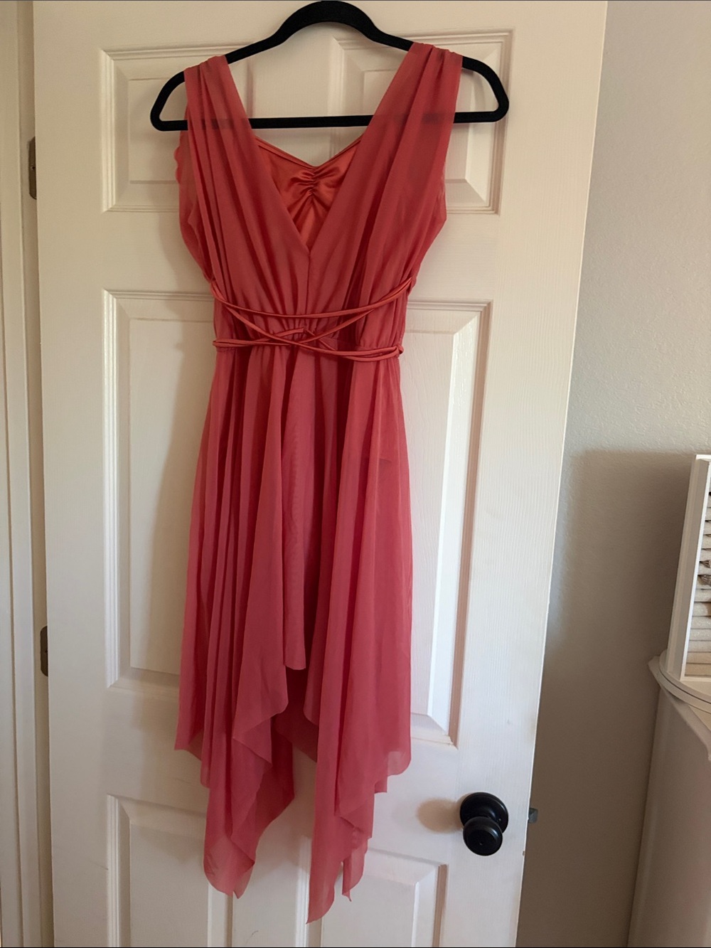 balera Coral Pink Chiffon High-Low V-Neck Dress